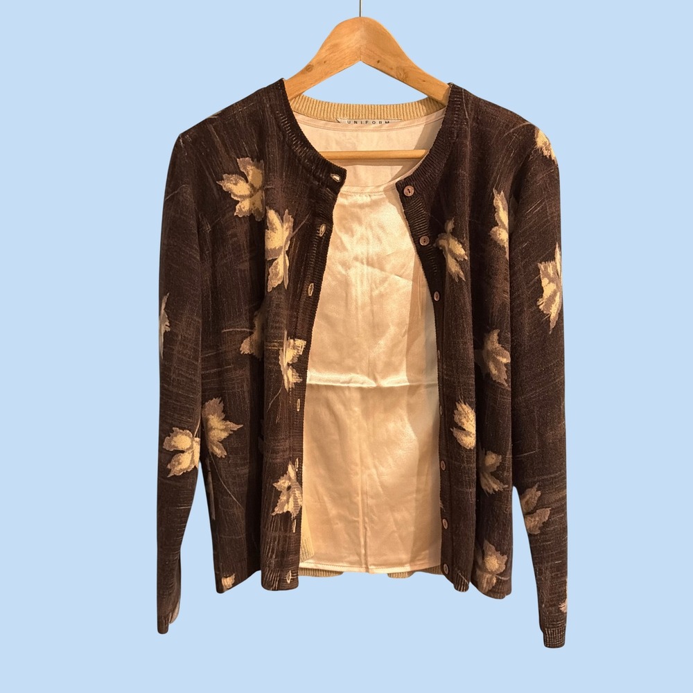 Uniform John Paul Richard Leaf Print Knit‎ Cardigan & Sleeveless  Shell Top